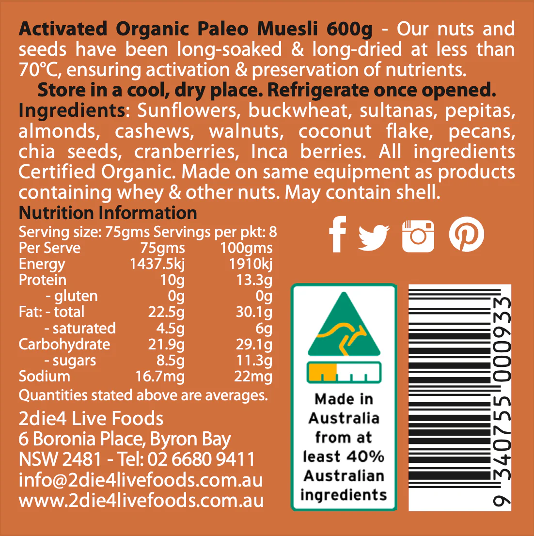 2die4 Activated Organic Paleo Muesli 600g - Image 2
