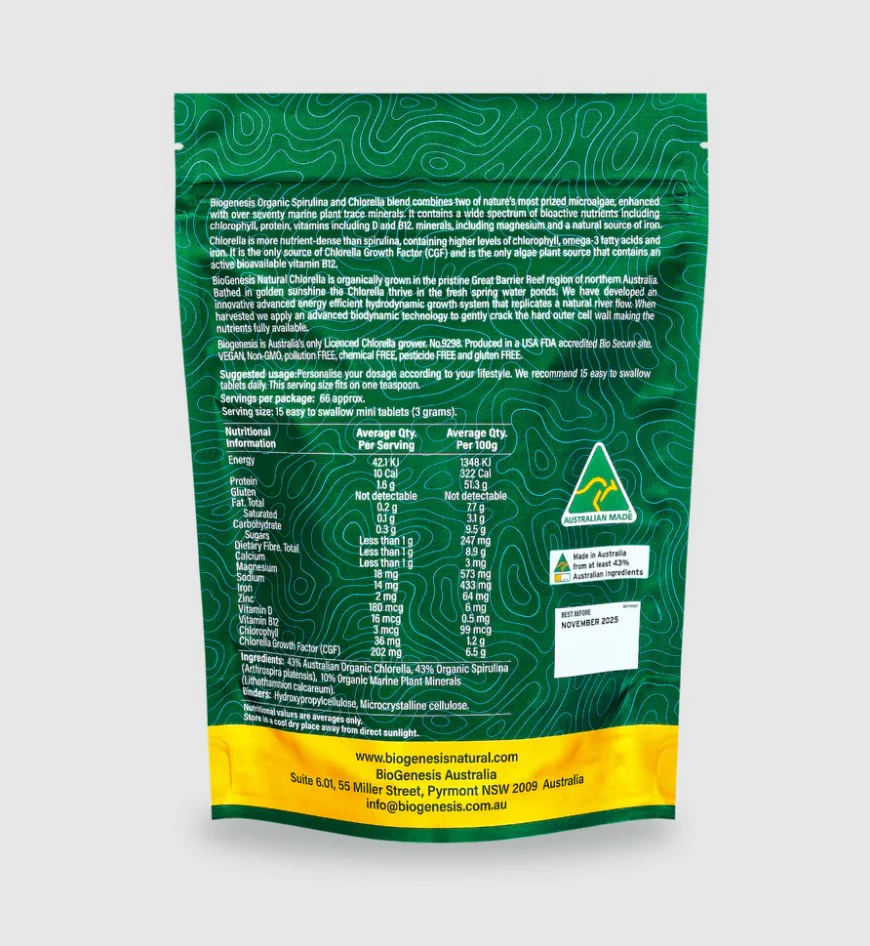 BIOG Australian Organic Spirulina & Chlorella + Marine Minerals 1000 mini tablets - Image 2