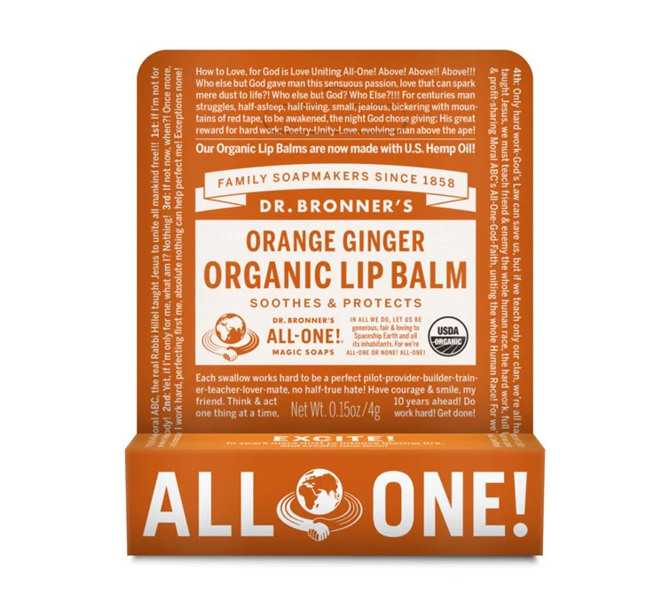 Dr Bronner's Organic Lip Balm Orange Ginger 4g - Box of 12