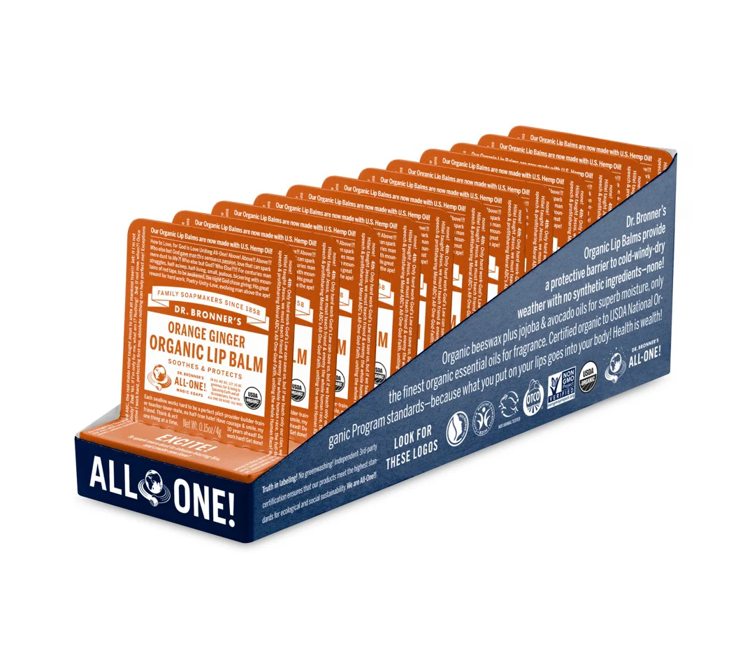 Dr Bronner's Organic Lip Balm Orange Ginger 4g - Box of 12 - Image 2