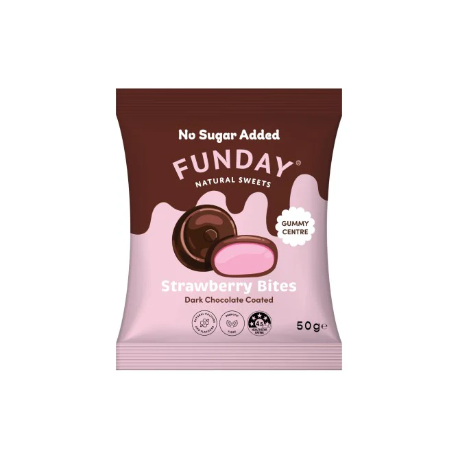Funday Dark Chocolate Strawberry Bites 50g - Box of 12 - Image 2