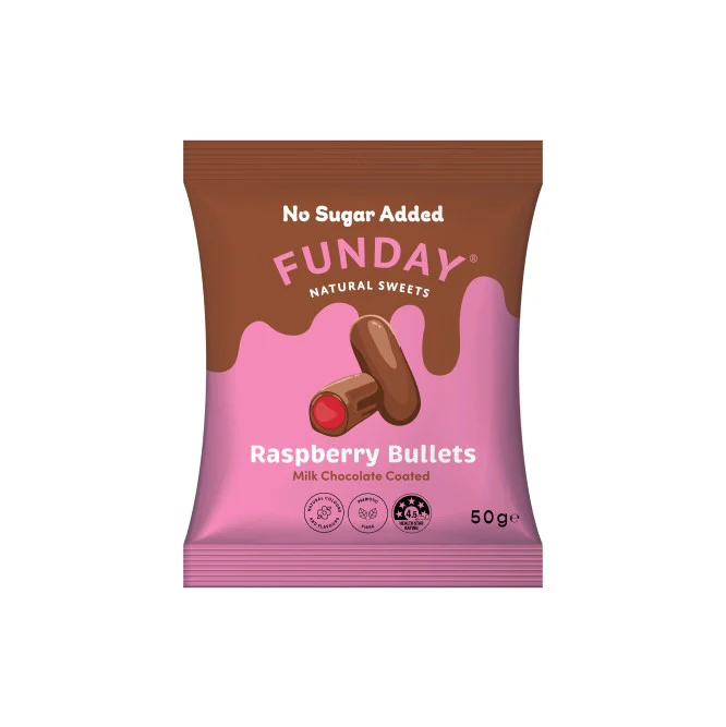 Funday Milk Chocolate Raspberry Bullets 50g - Box of 12 - Image 2