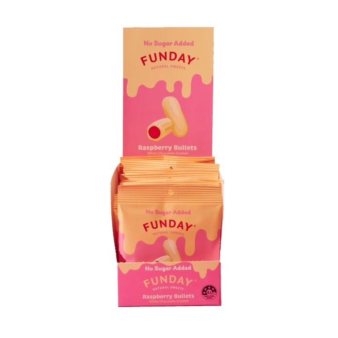 Funday White Chocolate Raspberry Bullets 50g - Box of 12