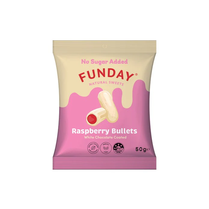 Funday White Chocolate Raspberry Bullets 50g - Box of 12 - Image 2