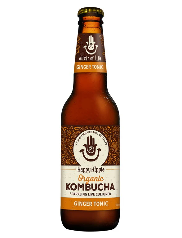 Happy Hippie Organic Kombucha Ginger Tonic 330mL Box of 12