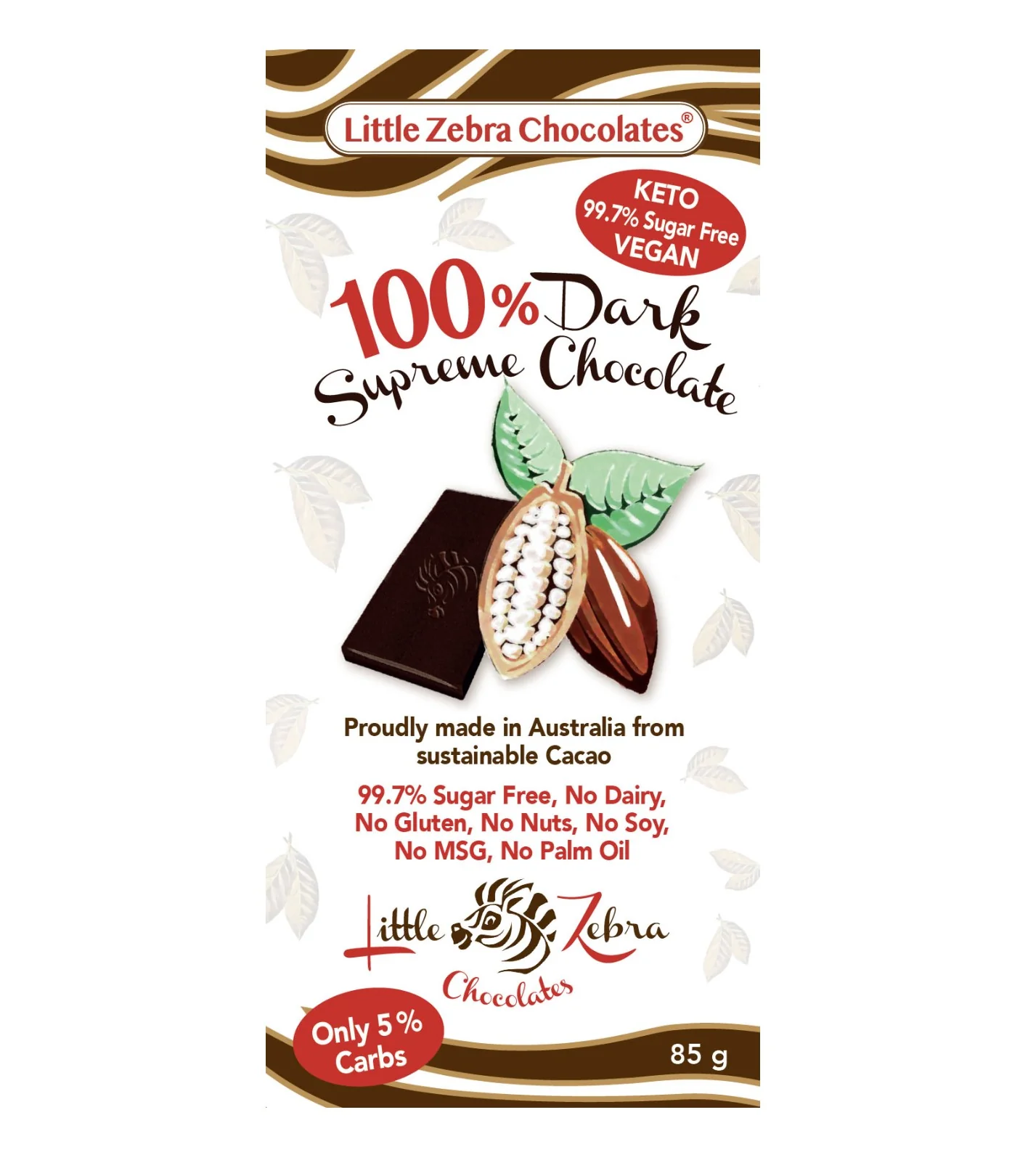 Little Zebra Chocolates 100% Dark Supreme Chocolate 85g - Box of 12
