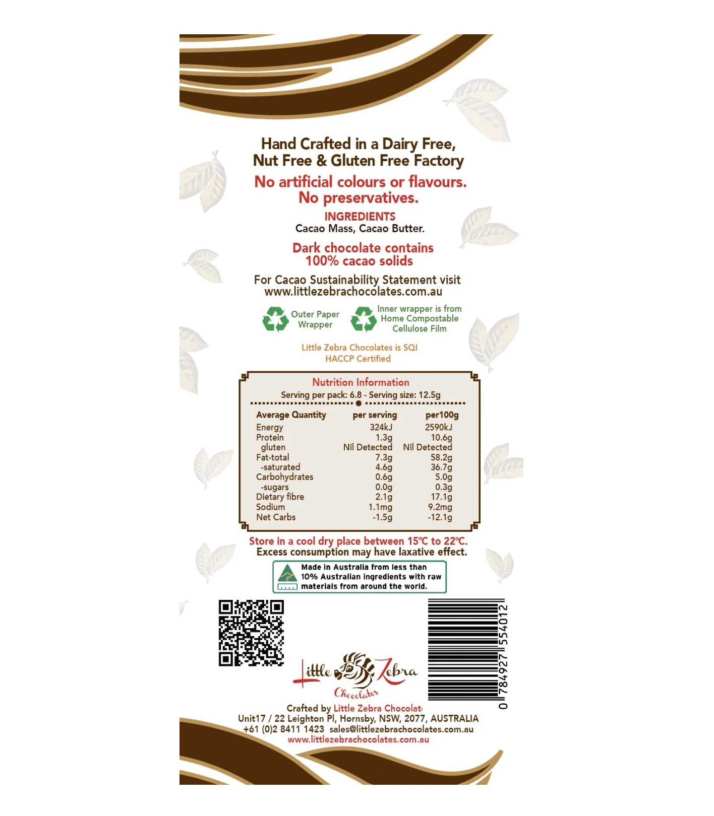 Little Zebra Chocolates 100% Dark Supreme Chocolate 85g - Box of 12 - Image 2