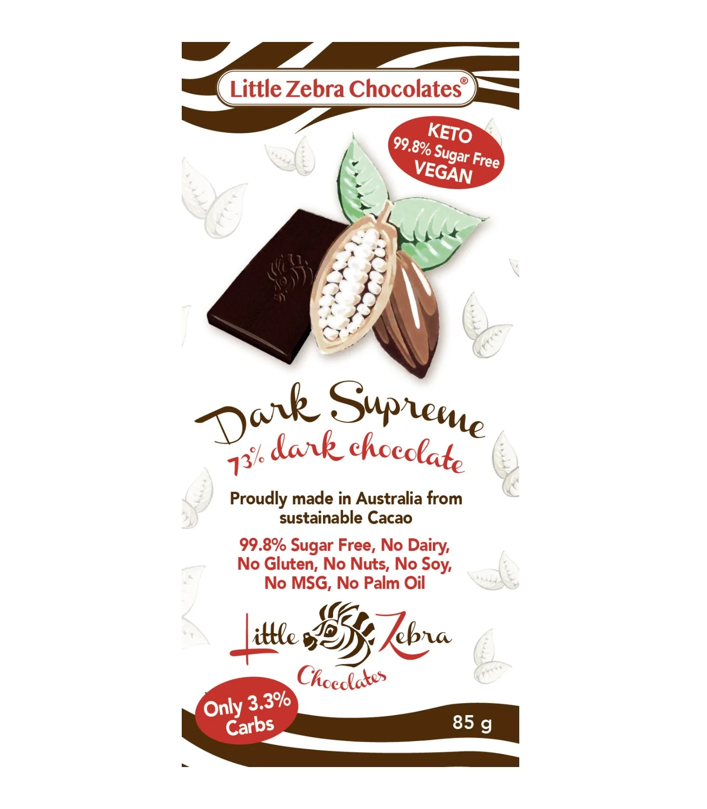 Little Zebra Chocolates 73% Dark Supreme Chocolate 85g - Box of 12
