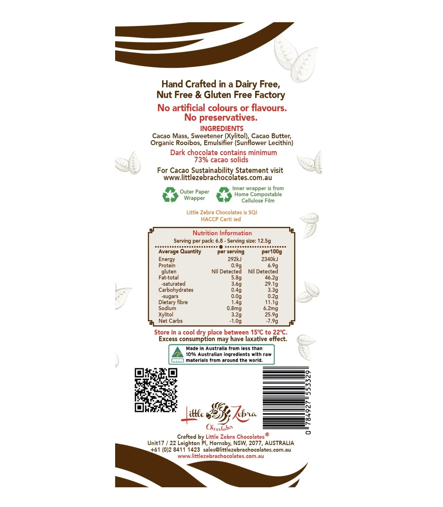 Little Zebra Chocolates 73% Dark Supreme Chocolate 85g - Box of 12 - Image 2