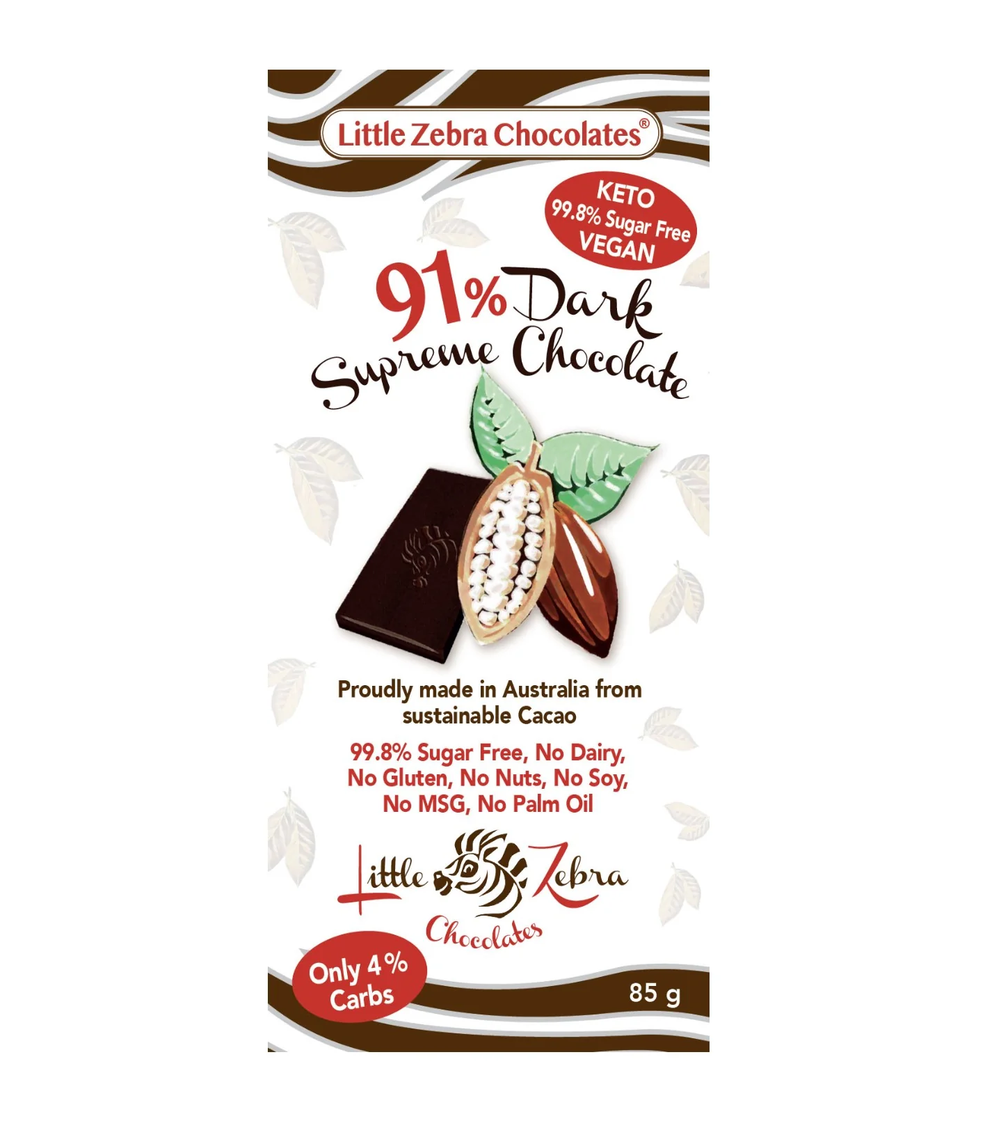 Little Zebra Chocolates  91% Dark Supreme Chocolate 85g - Box of 12