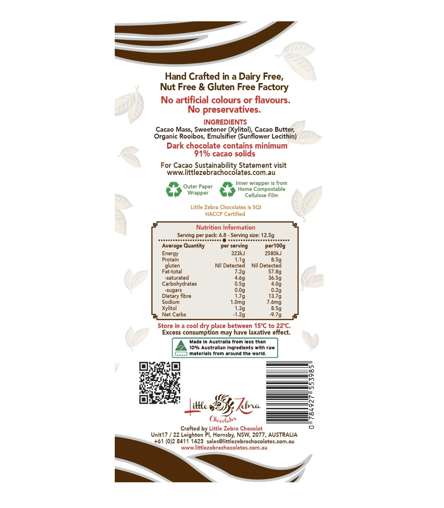 Little Zebra Chocolates  91% Dark Supreme Chocolate 85g - Box of 12 - Image 2