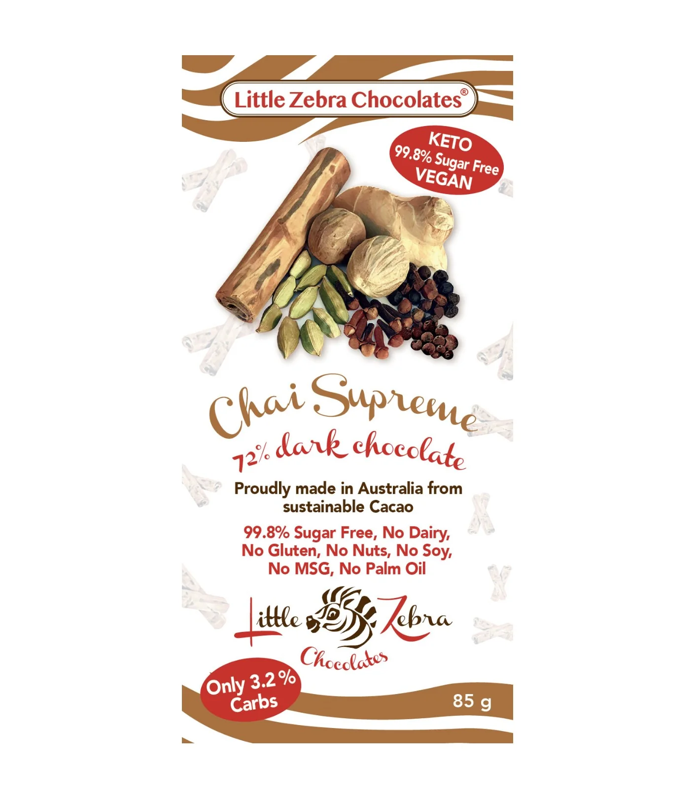 Little Zebra Chocolates Chai Supreme Dark Chocolate 85g - Box of 12
