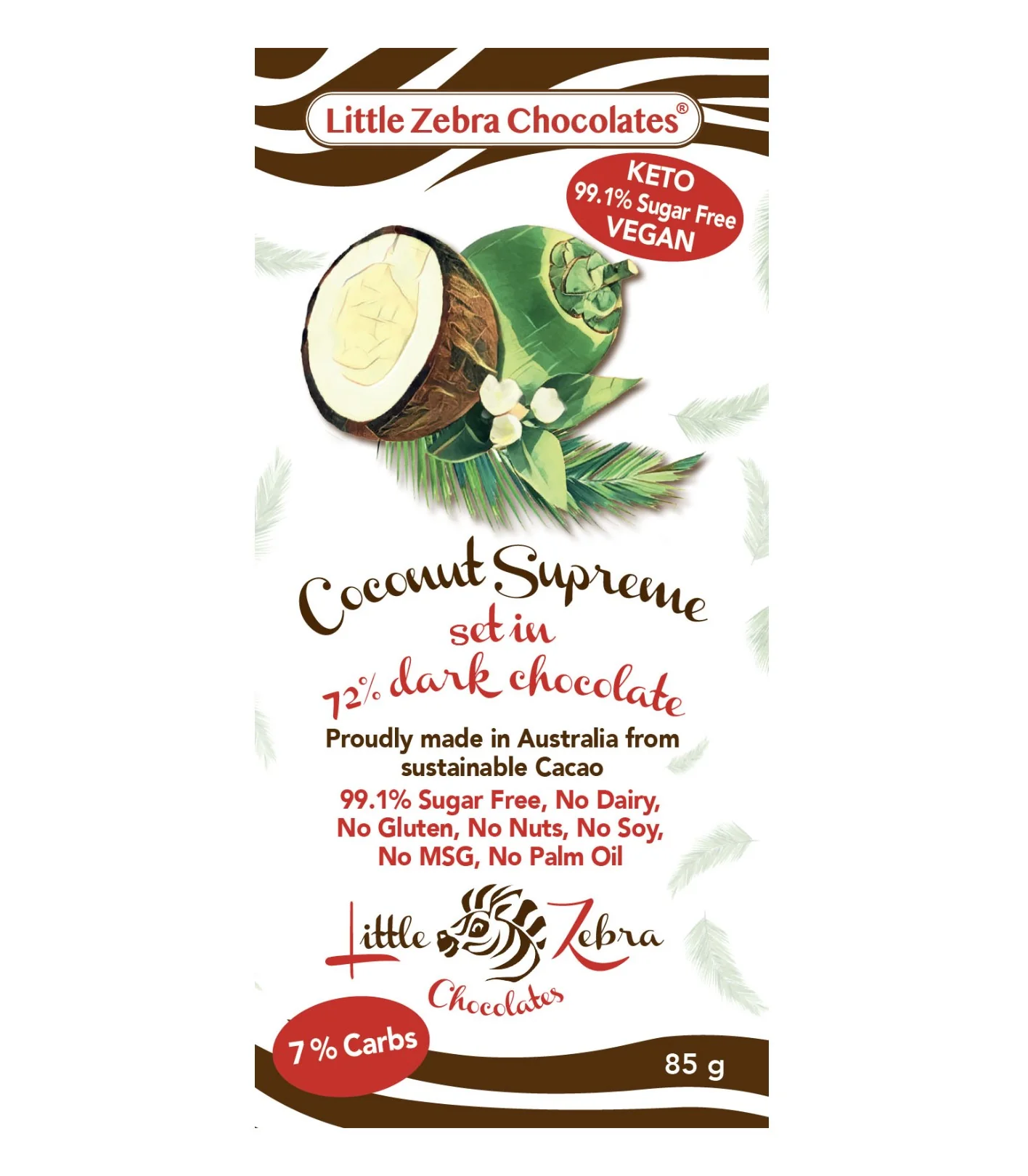 Little Zebra Chocolates Coconut Supreme Dark Chocolate 85g - Box of 12