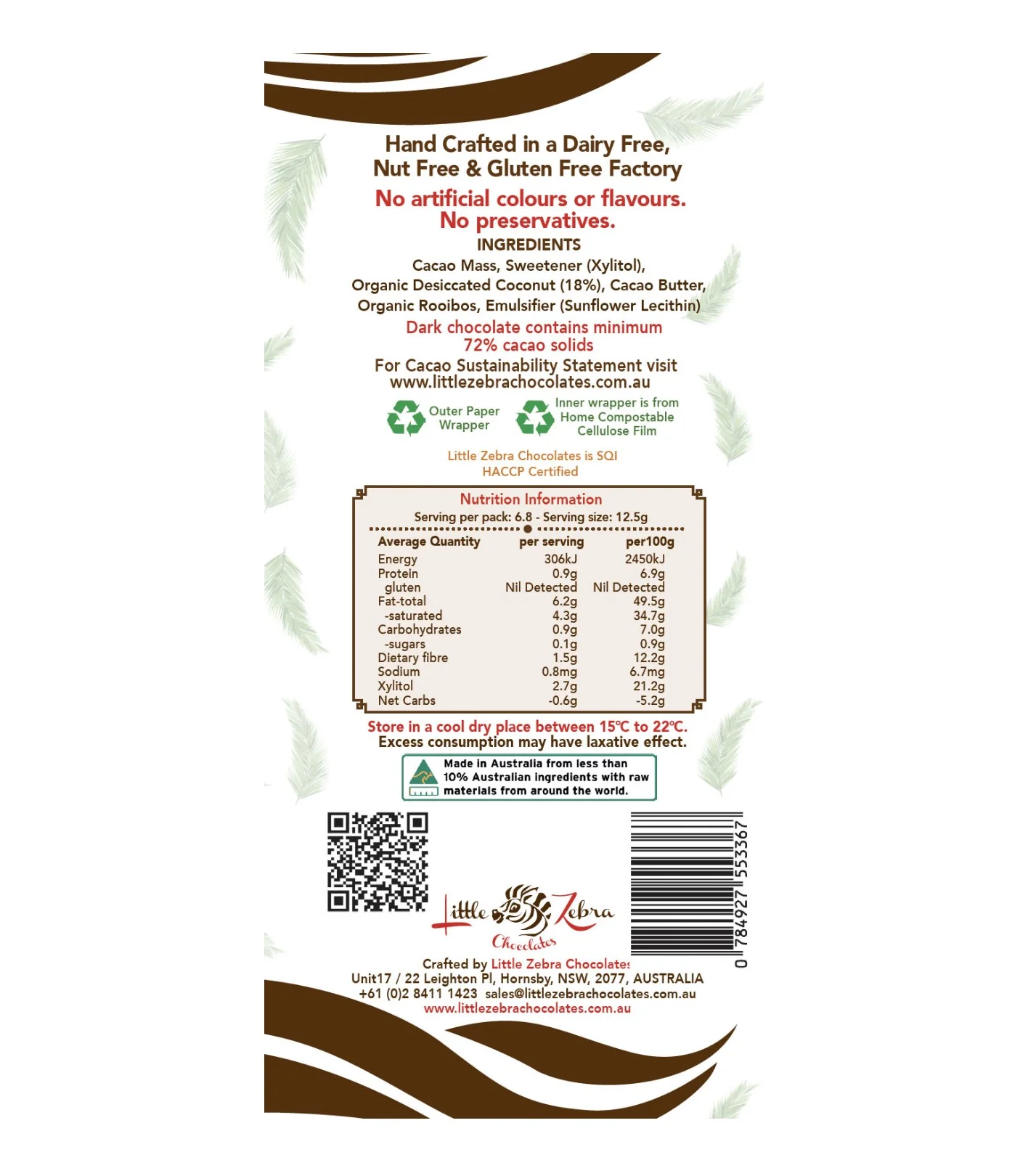Little Zebra Chocolates Coconut Supreme Dark Chocolate 85g - Box of 12 - Image 2