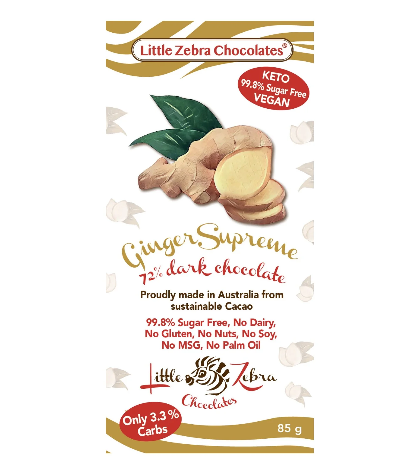 Little Zebra Chocolates Ginger Supreme 73% Dark Chocolate 85g - Box of 12