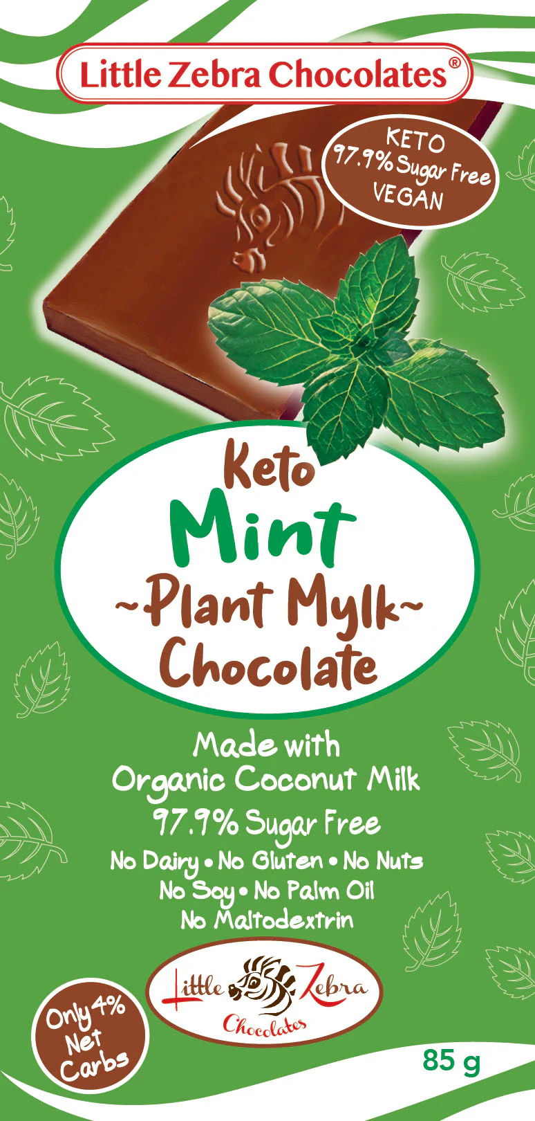 Little Zebra Chocolates Keto Mint Plant Mylk Chocolate 85g - Box of 12