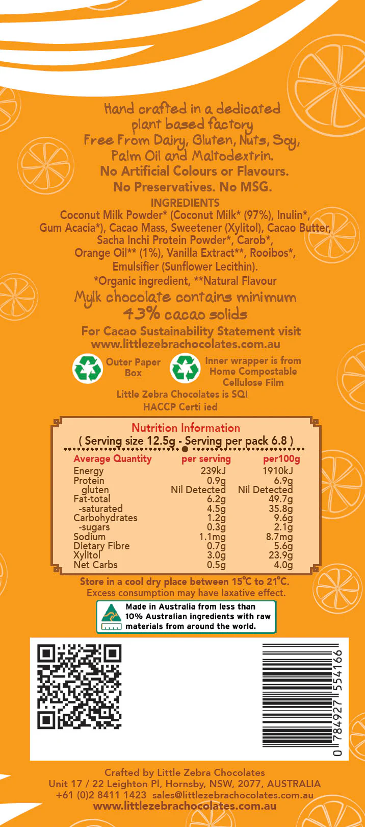 Little Zebra Chocolates Keto Orange Plant Mylk Chocolate 85g - Box of 12 - Image 2