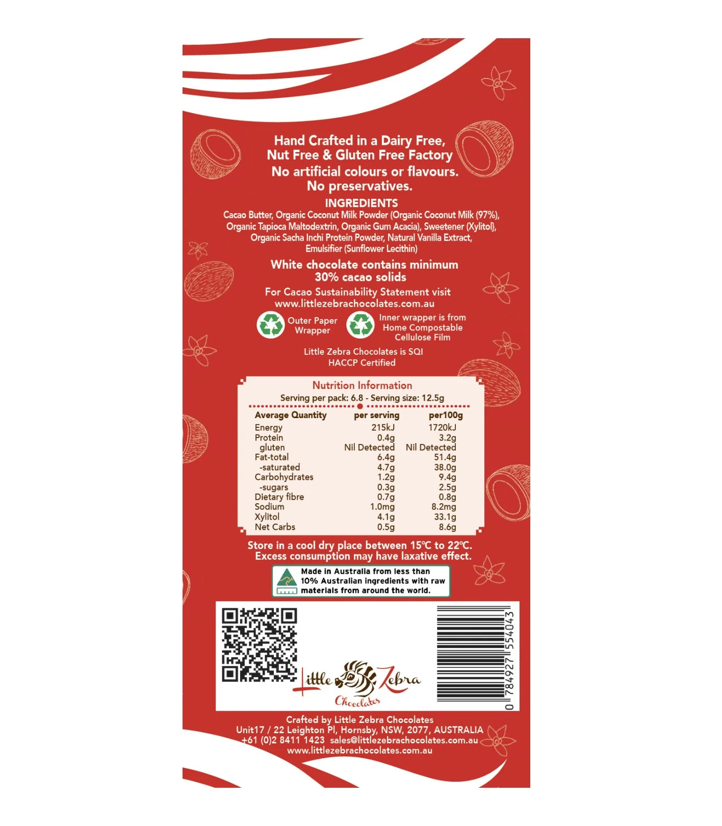 Little Zebra Chocolates Keto Plant Based White Chocolate 85g - Box of 12 - Image 2