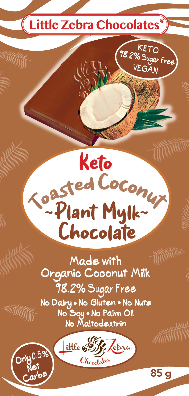 Little Zebra Chocolates Keto Toasted Coconut Plant Mylk Chocolate 85g - Box of 12