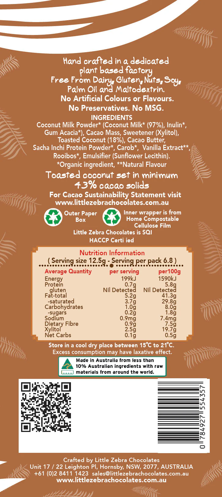 Little Zebra Chocolates Keto Toasted Coconut Plant Mylk Chocolate 85g - Box of 12 - Image 2