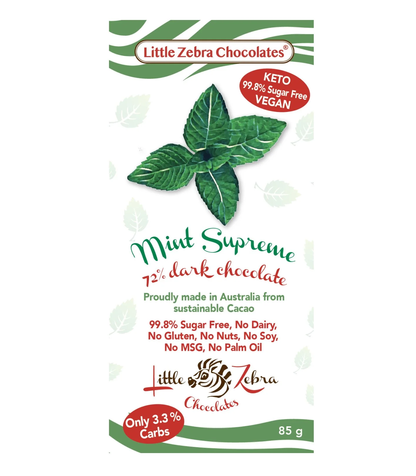Little Zebra Chocolates  Mint Supreme 73%  Dark Chocolate 85g - Box of 12
