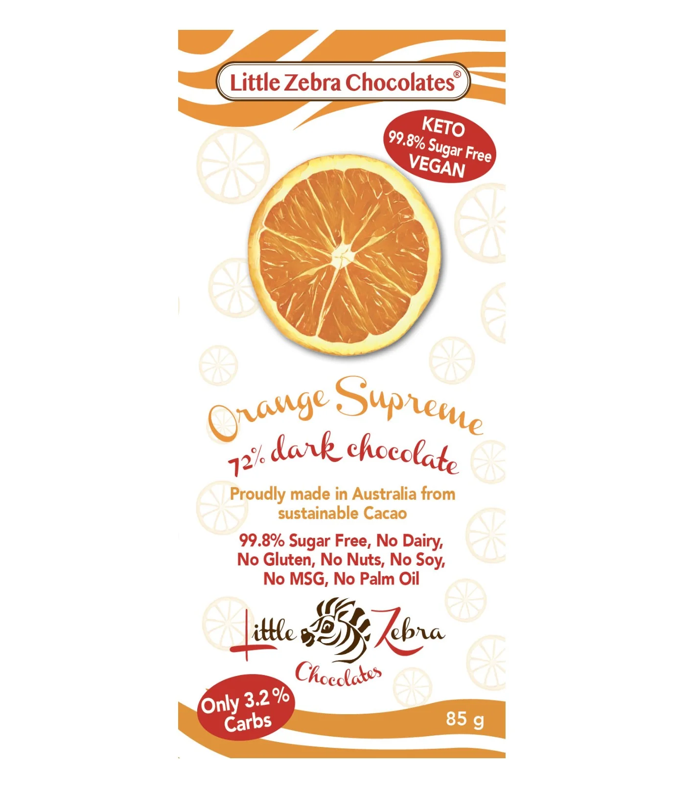 Little Zebra Chocolates Orange Supreme 73% Dark Chocolate 85g - Box of 12