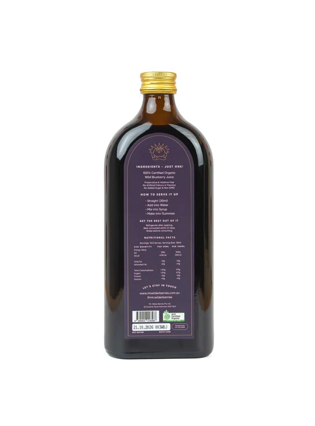 Mt Wilder Berries Certified Organic Wild Blueberry Super Juice 500ml - Image 2