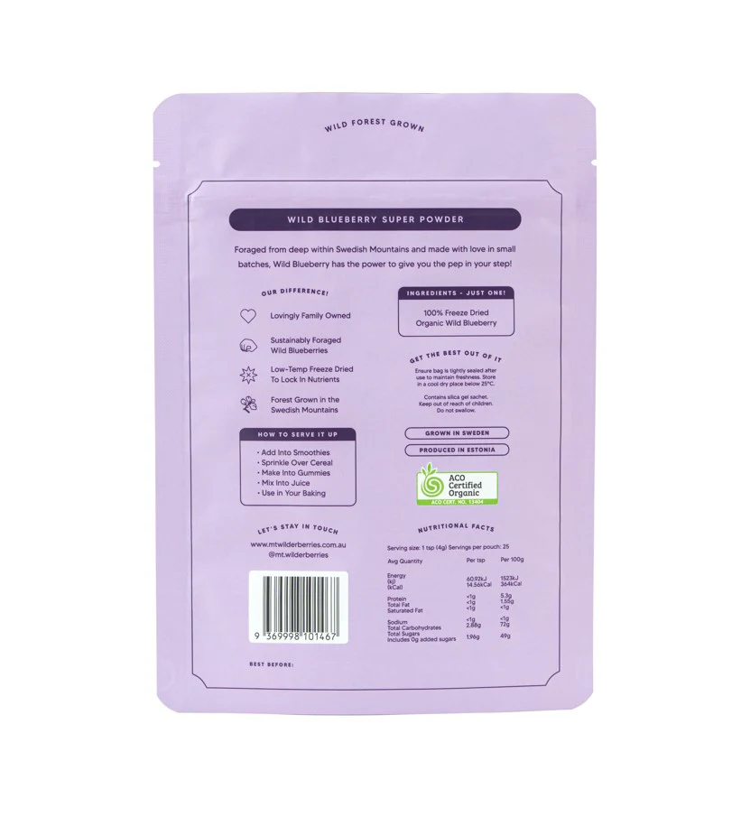 Mt. Wilder Berries Wild Blueberry Certified Organic Super Powder 100g - Image 2