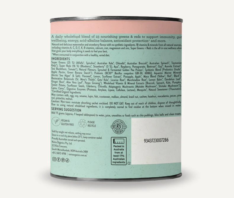 Nutra Organics Super Greens + Reds Watermelon & Strawberry 300g - Image 3
