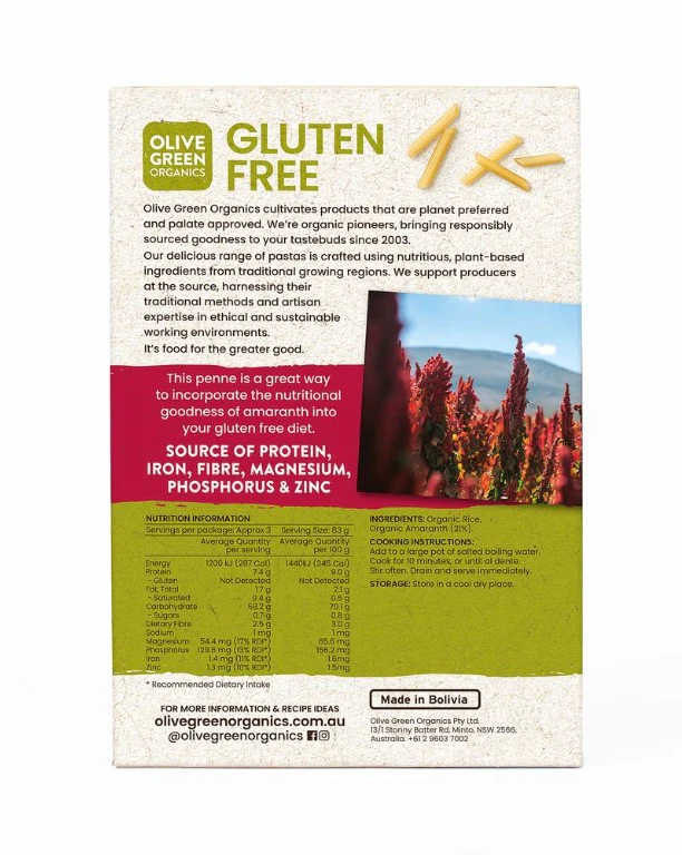 Olive Green Organics Gluten Free Pasta Amaranth Penne 250g - Image 2