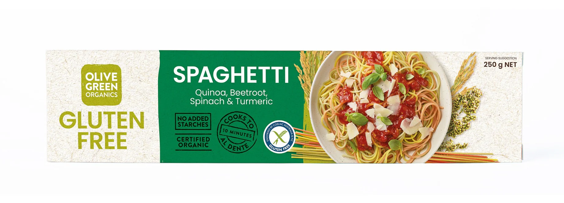Olive Green Organics Gluten Free Pasta Quinoa & Rice Veg & Turmeric Spaghett 250g