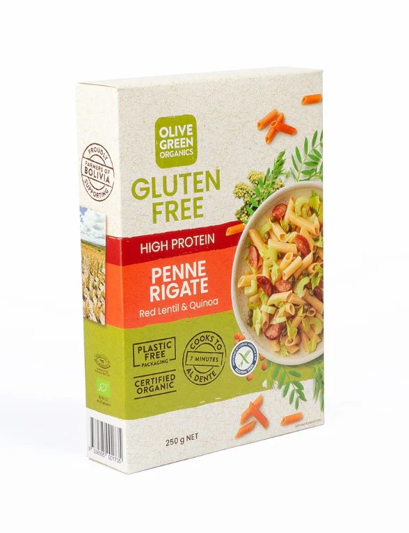 Olive Green Organics Gluten Free Red Lentil & Quinoa Pasta Penne Rigate 250g - Image 3