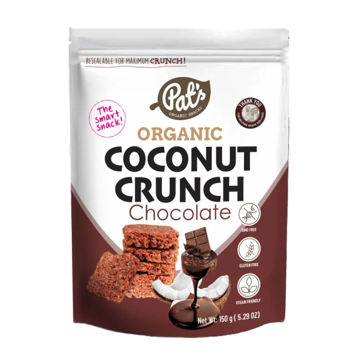 Pat's Organic Snacks Coconut Crunch Chocolate 150g - Box of 12
