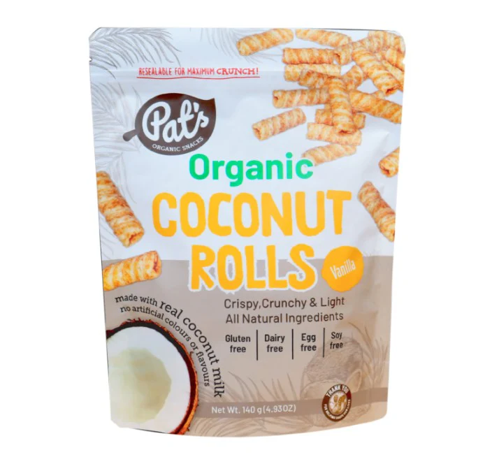 Pat's Organic Snacks Coconut Rolls Vanilla 140g - Box of 12