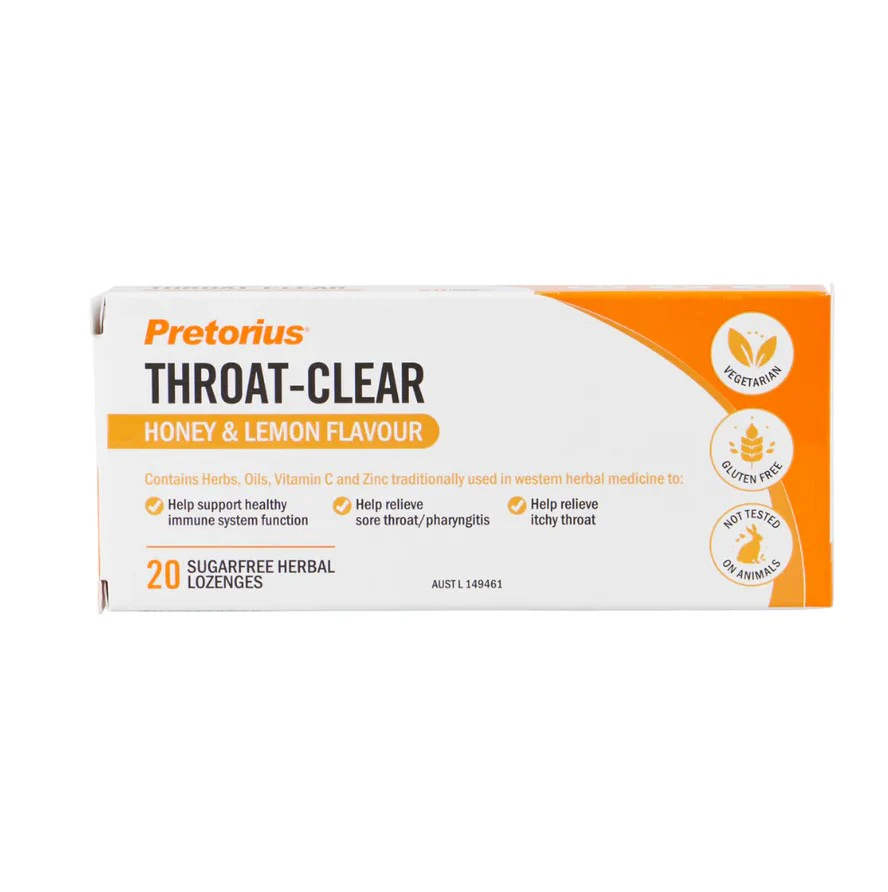 Pretorius Throat Clear Honey & Lemon Sugar Free Herbal Lozenges 20 Pack - Box of 12