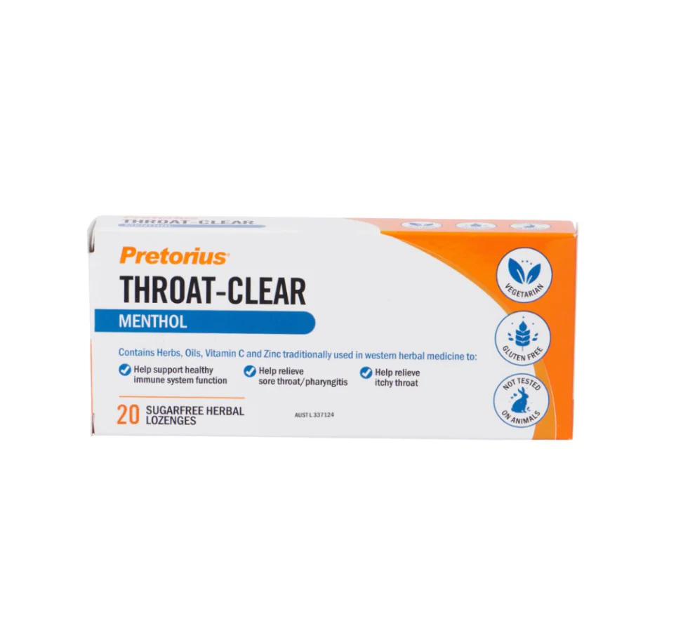 Pretorius Throat Clear Menthol Sugar Free Herbal Lozenges 20 Pack - Box of 12
