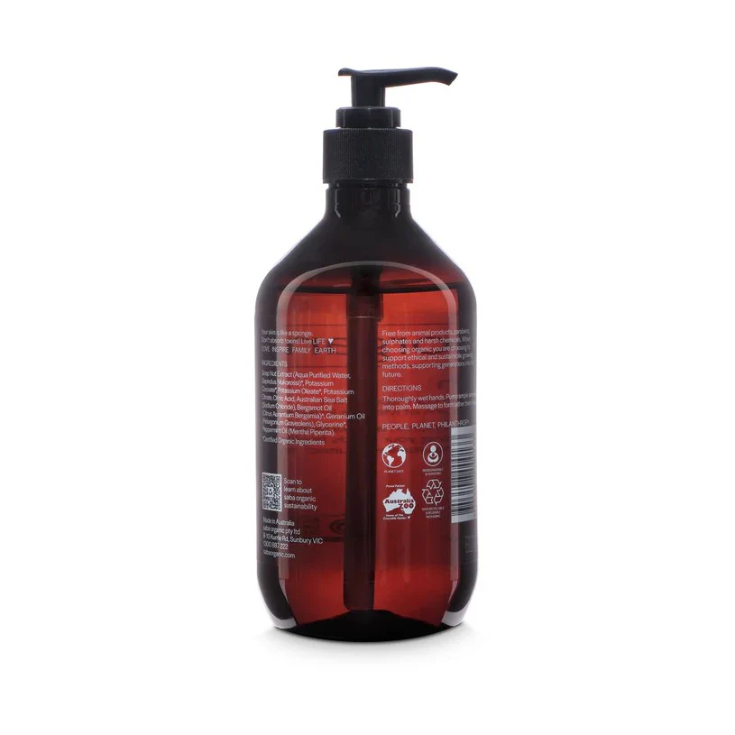 Saba Organics Hand Wash Bergamot Geranium & Peppermint 500ml - Image 2