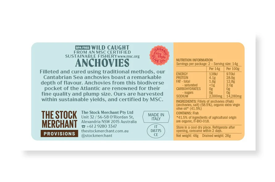 The Stock Merchant Provisions MSC Anchovies in Organic Extra Virgin Olive Oil 48g - Image 2