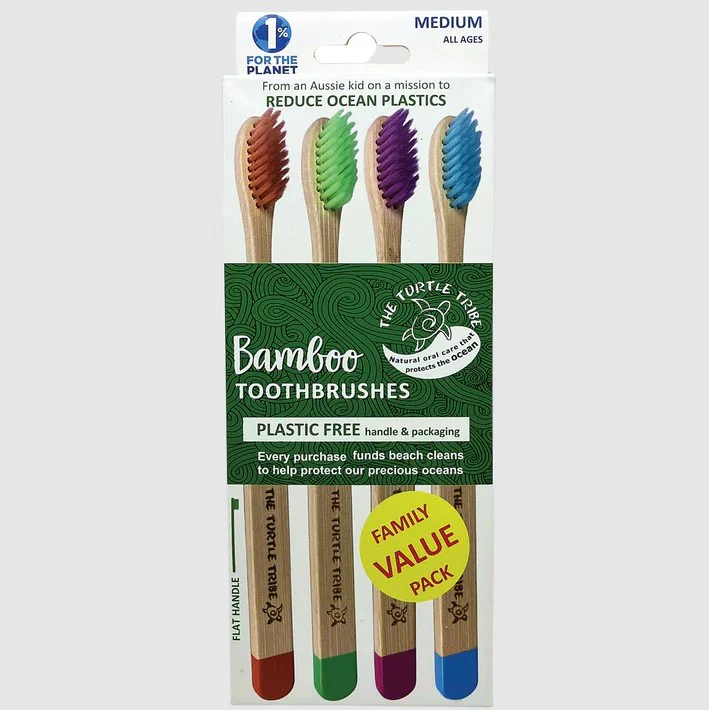 The Turtle Tribe Bamboo Toothbrushes MEDIUM 4pk - Box of 8